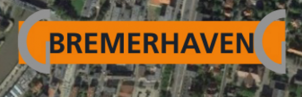 Das Wort Bremerhaven in oranger Box auf einem Hintergrundbild mit Platzierungshilfe