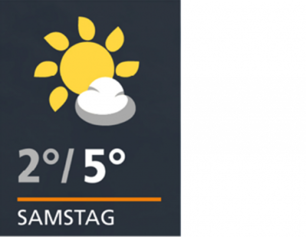 Eine dunkelblaue Fläche mit einem Piktogramm, Temperaturangaben und einem Datum